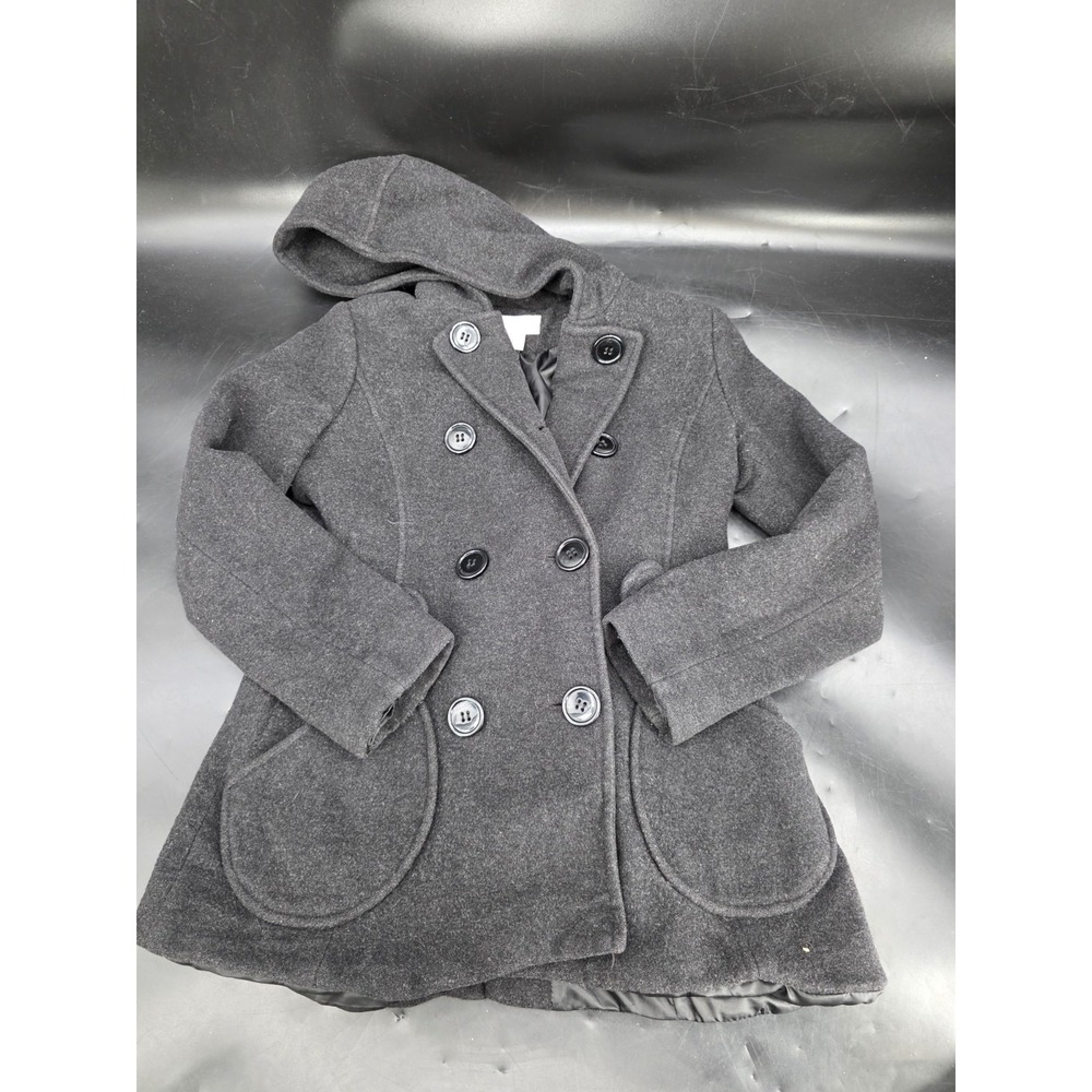 JLO Jennifer Lopez 100% Wool Peacoat Women Small Gray Hooded Double Breasted